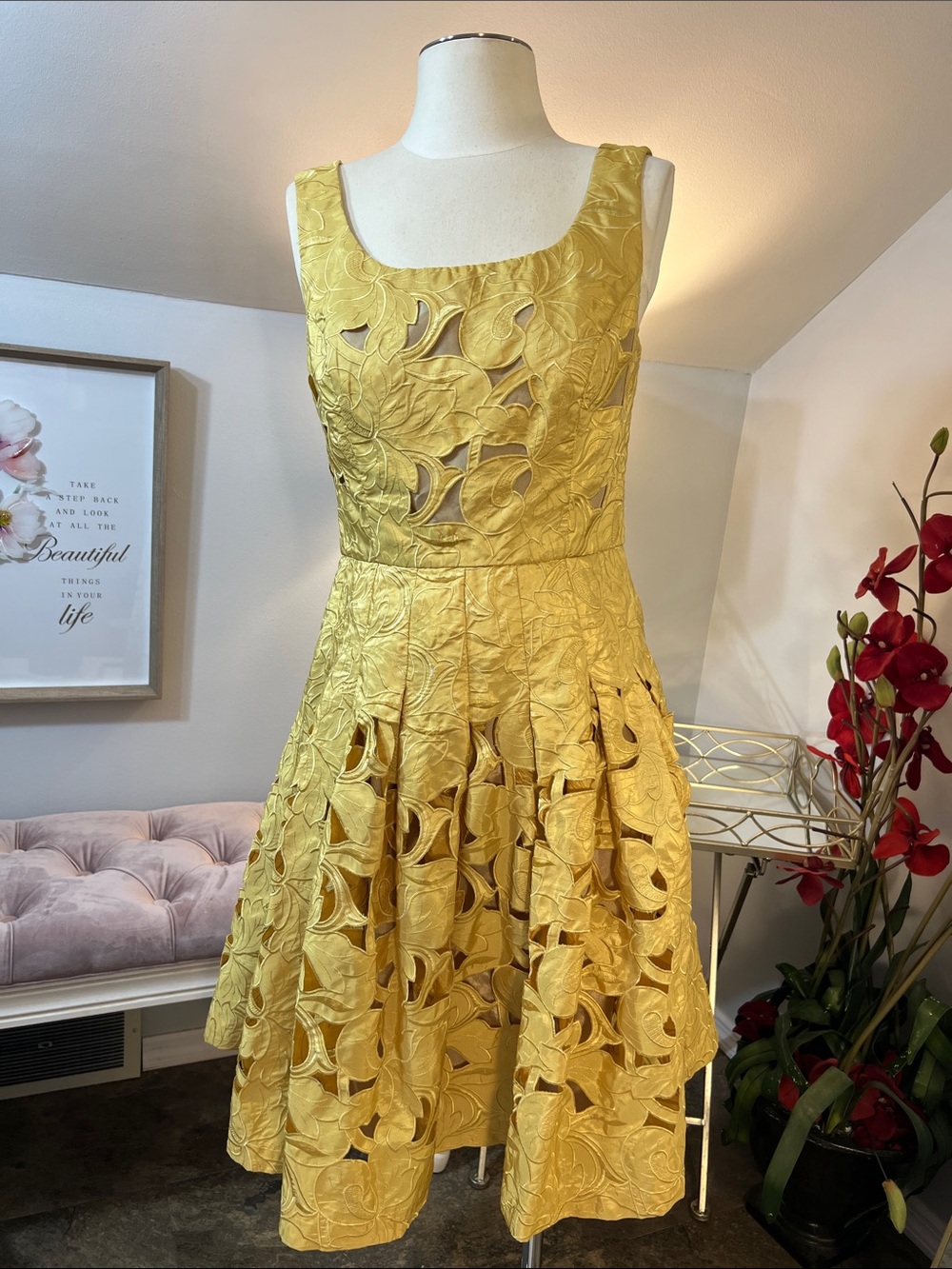 Betsey Johnson Marigold Yellow Eyelet Cutout Box Pleat A-Line Dress Size 8